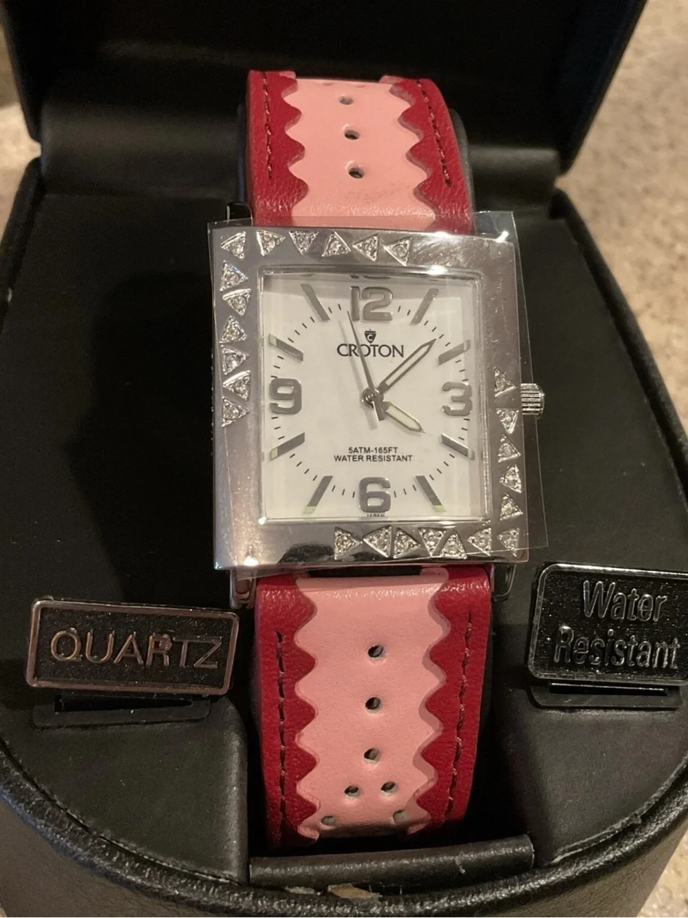 Croton Womens Crystal Accent Quartz Watch Water Resistant Pink/Red Strap NIB